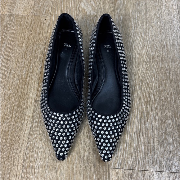Zara Crystal Rhinestone Ballet Block Heel Flats in Black Size EU 37 / US 7 - Picture 5 of 13